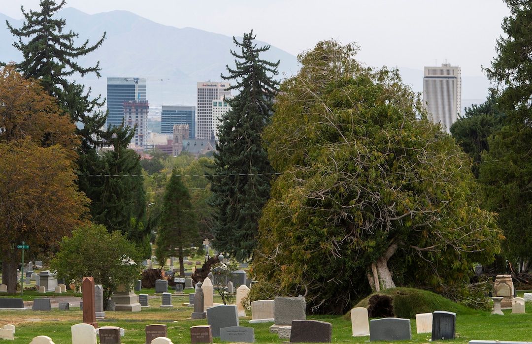 (Rick Egan  |  The Salt Lake Tribune)    Hundreds of headstones in the Salt Lake City Cemetery were damages in the recent wind storm, Friday, Sept. 18, 2020.