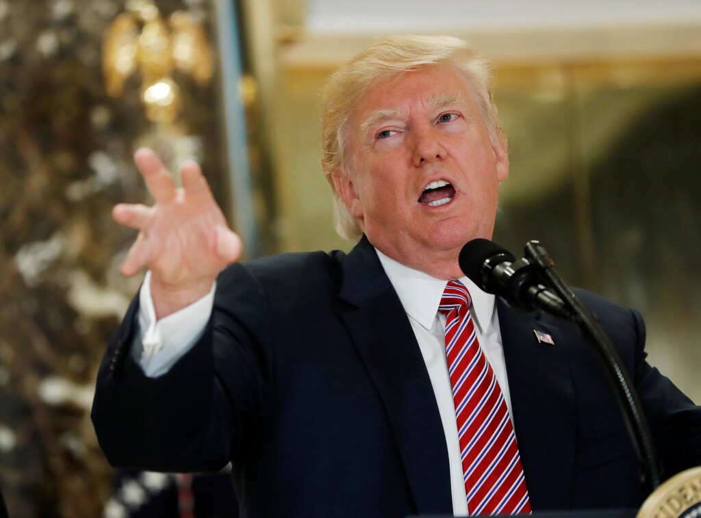 President Donald Trump speaks to the media in the lobby of Trump Tower in New York, Tuesday, Aug. 15, 2017. (AP Photo/Pablo Martinez Monsivais)