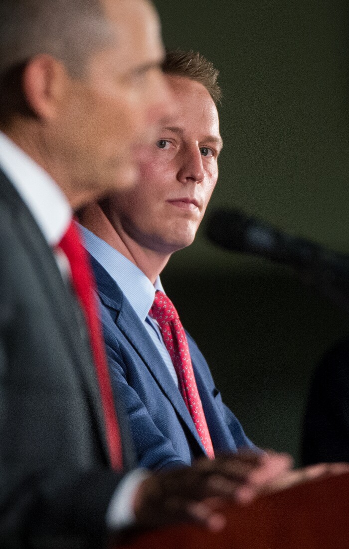 Leah Hogsten | The Salt Lake Tribune
Third District primary candidate businessman Tanner Ainge listens as Provo Mayor John Curtis fields a question during The Salt Lake Tribune-Hinckley Institute of Politics debate, July 28, 2017, at the Utah Valley Convention Center in Provo. The primary will be held Aug. 15.