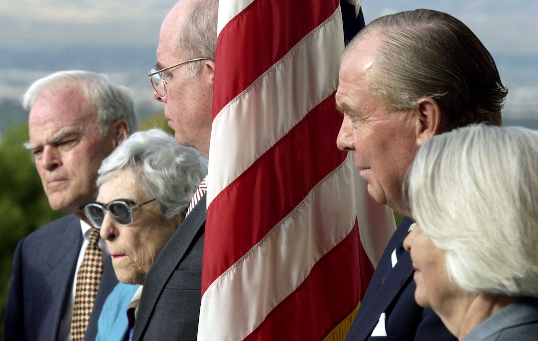 (Steve Griffin  |  Tribune file photo) L-R, Spence Eccles, CEO of the Utah Division of Wells Fargo Bank, Esther Landa, past president of the National Council of Jewish Women, Bernard Machen, president of the University of Utah, Jon M. Huntsman, chairman of the Huntsman Corporation and Norma Matheson, former First Lady of the state of Utah, are all part of a new group called the "Alliance for Unity" that met on the steps of the capitol Sept. 17, 2001 for a press conference introducing the new group. The group, which has a diverse culteral and religous membership, is trying to urge our community to come together and be more accepting of each other. 