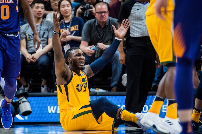(Chris Detrick  |  The Salt Lake Tribune)  Utah Jazz forward Jae Crowder (99) argues a call during the game at Vivint Smart Home Arena Thursday, March 15, 2018. Utah Jazz defeated Phoenix Suns 116-88.