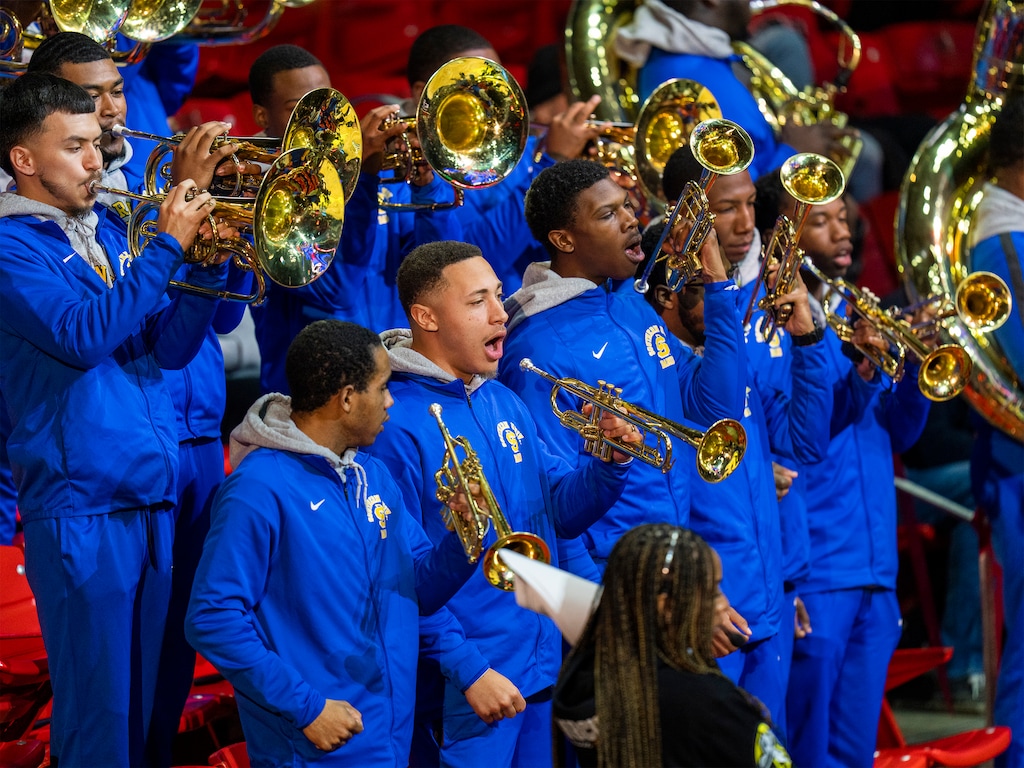 (Rick Egan | The Salt Lake Tribune) The Human Juke Box from Southern University performs during a break in the action in the HBCU game between the Grambling State Tigers and the Southern University Jaguars at the Jon M. Huntsman Center on Saturday, Feb. 18, 2023.