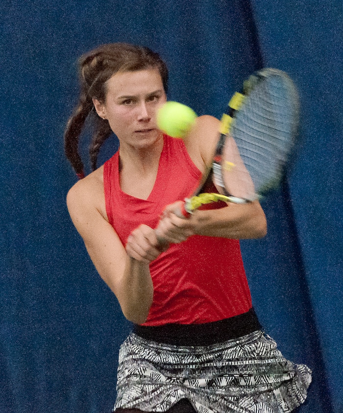 Michael Mangum  |  Special to the TribunePark City High School's Livi Rockwood hits a backhand shot during the Utah high school state tennis finals at the Salt Lake Tennis & Health Club in Salt Lake City on Saturday, September 30, 2017. Rockwood was defeated by Ridgeline High's Naya Tillit for the 4A 1st singles state championship.