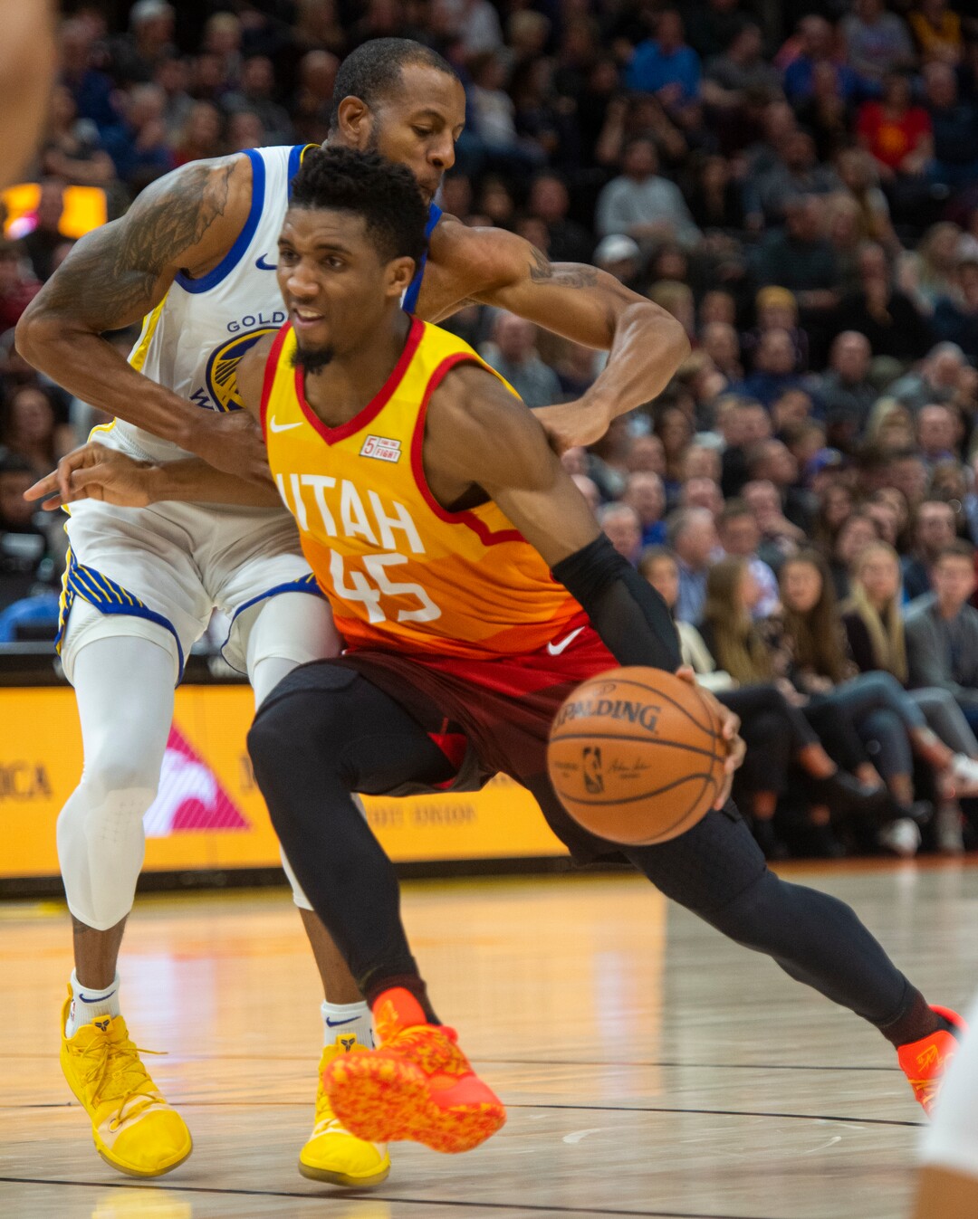 (Rick Egan  |  The Salt Lake Tribune)  Utah Jazz guard Donovan Mitchell (45) takes the ball up the middle, in NBA action between Utah Jazz and Golden State Warriors, in Salt Lake City, Wednesday, Dec. 19, 2018.