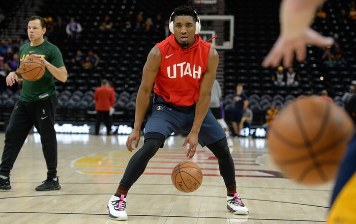(Francisco Kjolseth  |  The Salt Lake Tribune)  Utah Jazz guard Donovan Mitchell (45) warms up before the Sacramento Kings NBA game at Vivint Smart Home Arena Wed., Nov. 21, 2018, in Salt Lake City.