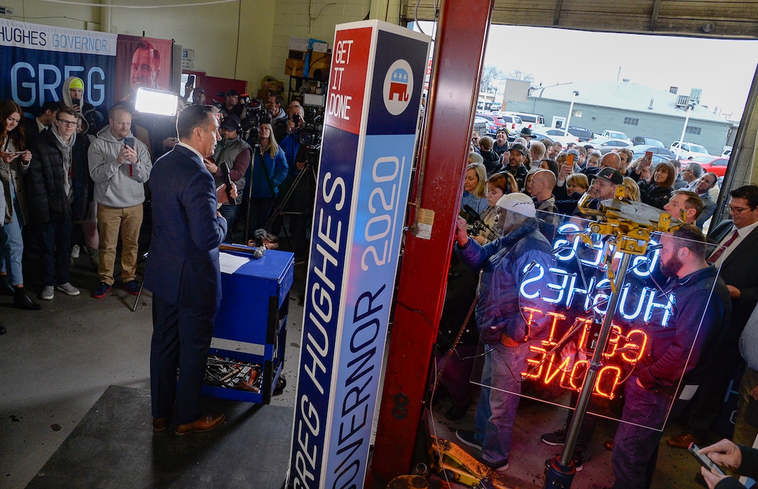 (Francisco Kjolseth  |  The Salt Lake Tribune) Surrounded by friends and supporters, former House Speaker Greg Hughes announces his campaign for governor at Dee's Automotive in Murray on Wednesday, Jan. 8, 2020.