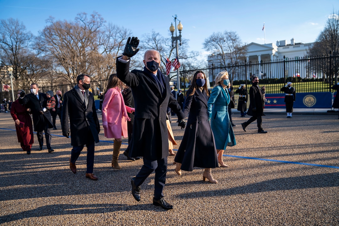 President Joe Biden, first lady Jill Biden and family walk in front of the White House in Washington during the Presidential Escort, part of Inauguration Day ceremonies on Wednesday, Jan. 20, 2021. (Doug Mills/The New York Times)