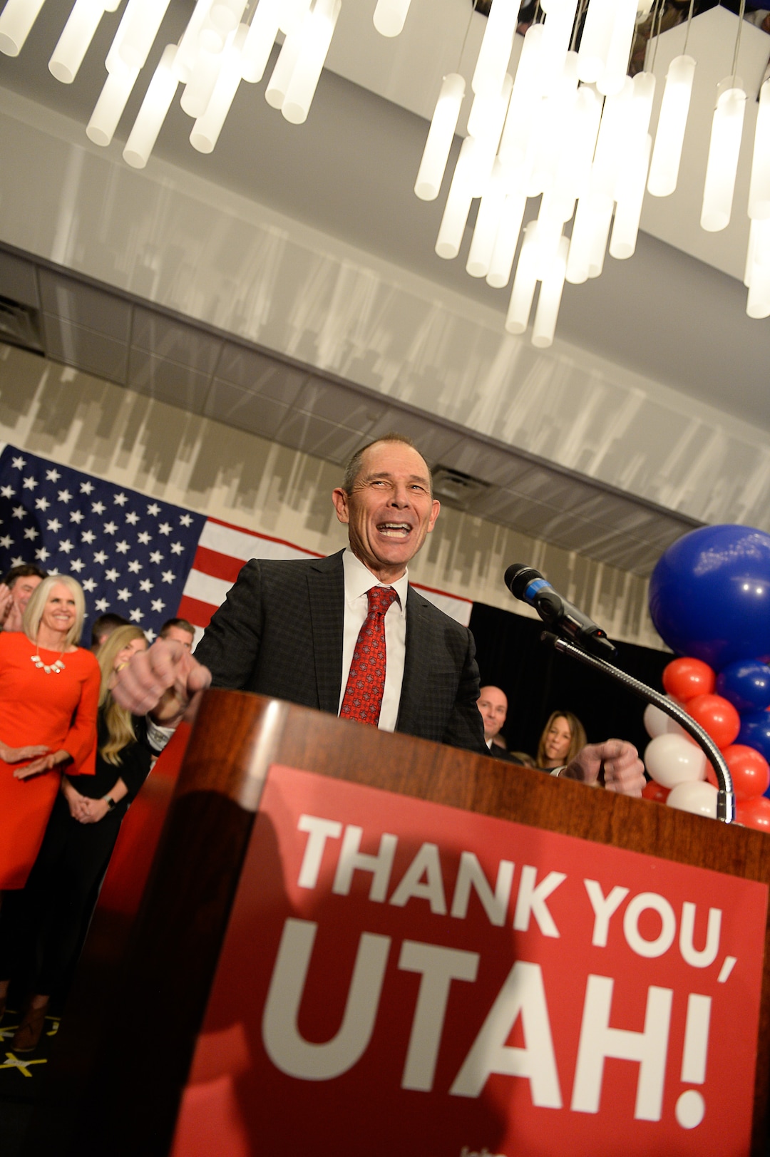 (Francisco Kjolseth  |  The Salt Lake Tribune)  John Curtis, Republican candidate for 3rd Congressional District celebrates his win at the Provo Marriott Hotel & Conference Center Tuesday, Nov. 7, 2017. He will fill the congressional seat recently vacated by Jason Chaffetz.
