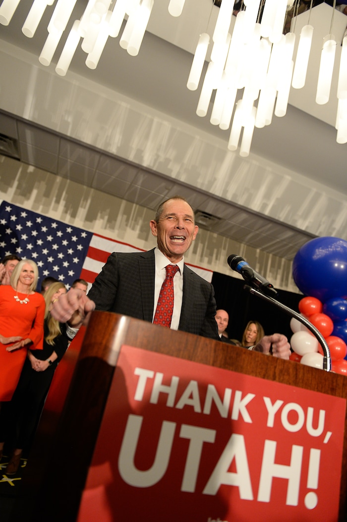 (Francisco Kjolseth  |  The Salt Lake Tribune)  John Curtis, Republican candidate for 3rd Congressional District celebrates his win at the Provo Marriott Hotel & Conference Center Tuesday, Nov. 7, 2017. He will fill the congressional seat recently vacated by Jason Chaffetz.