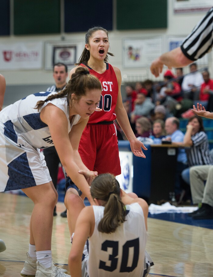 (Scott Sommerdorf | The Salt Lake Tribune)
East's Rae Falatea takes exception to an official's call during first half play. Copper Hills defeated East 82-62, Friday, December 29, 2017.