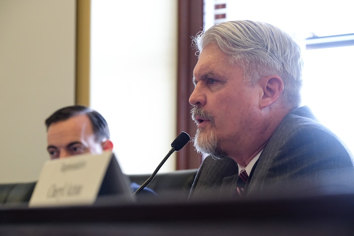 (Francisco Kjolseth  |  The Salt Lake Tribune)  Rep. Kelly Miles, R-S. Ogden, who sits on the House Criminal Justice and Law Enforcement Committee votes in support of HB379, helping it advance to the full House for consideration on Wednesday, Feb. 21, 2018. The bill would abolish the death penalty in Utah.  