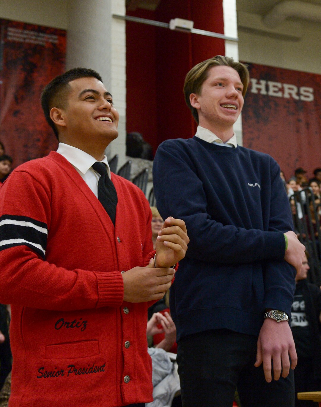 (Leah Hogsten  |  The Salt Lake Tribune) l-r West High School students, Felix Ortiz and Grant Dunkley smile as they are recognized during an assembly at the school, Jan. 17, 2020. On February 19, 2019, Ortiz and Dunkley both pulled over to assist Assistant Attorney General David Carlson out of his overturned car on the 600 North bridge in Salt Lake City where Ortiz performed life-saving CPR until first responders arrived on the scene.