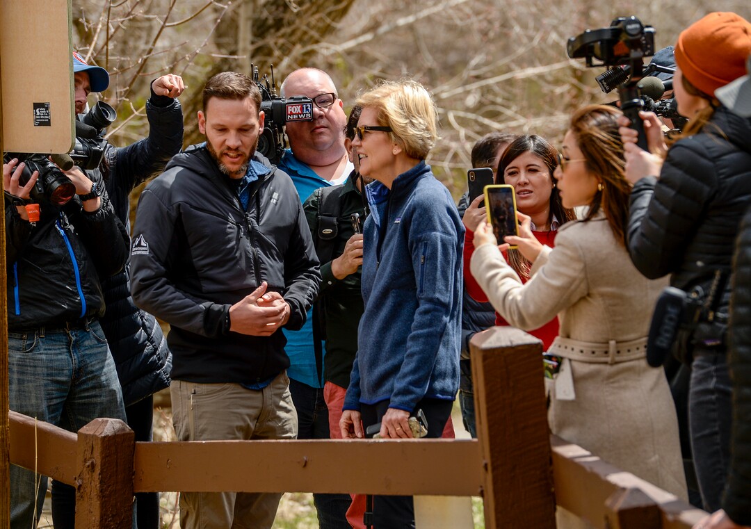 Leah Hogsten  |  The Salt Lake Tribune  Massachusetts Sen. Elizabeth Warren takes a walking tour with Carl Fisher, executive director of Utah’s Save Our Canyons organizationat Storm Mountain Picnic Area in Big Cottonwood Canyon,  April 17, 2019 before speaking to Utah supporters Wednesday evening. Sen. Warren is a Democratic 2020 presidential candidate.   
