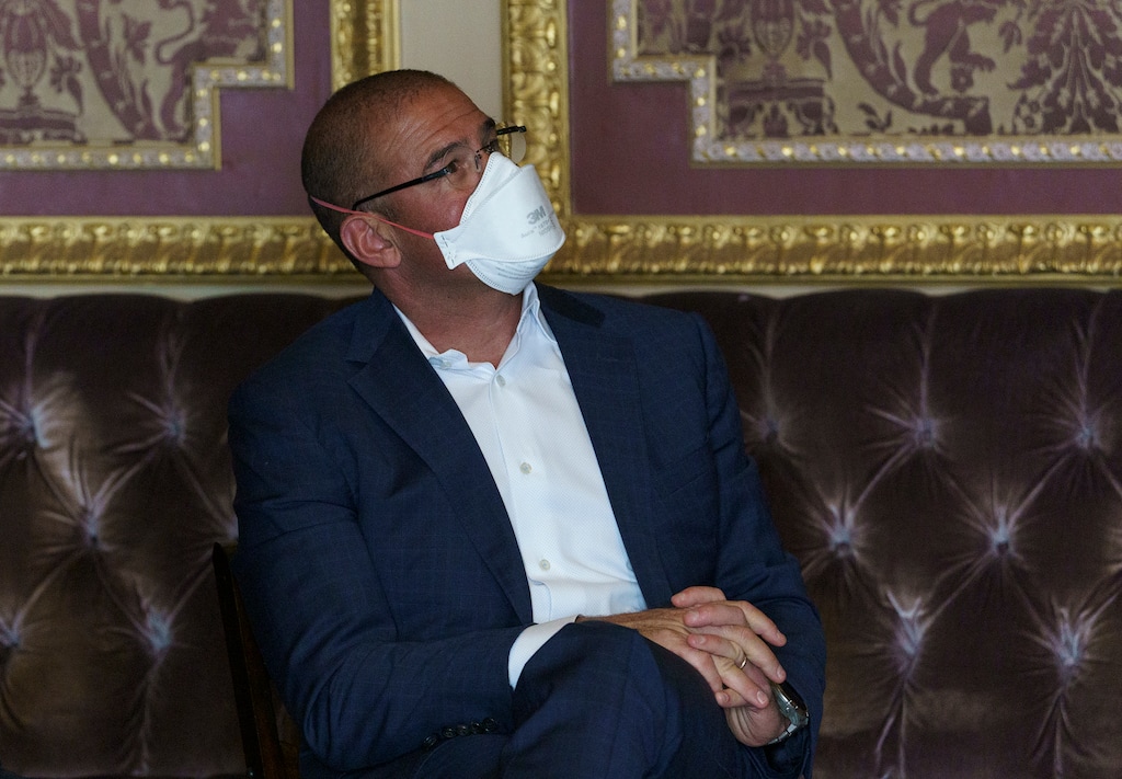 (Leah Hogsten | The Salt Lake Tribune) Dr. Marc Harrison, CEO of Intermountain Healthcare, previously thanked those in attendance for wearing a mask during Gov. Spencer J. Cox and Lt. Gov. Deidre Henderson's update on the ongoing pandemic, Aug. 31, 2021 at the Capitol. Harrison, who has multiple myeloma, a cancer of the blood, went on to tell those in the room who weren't wearing a mask, that if they have COVID-19 and don't know it, they could kill him.