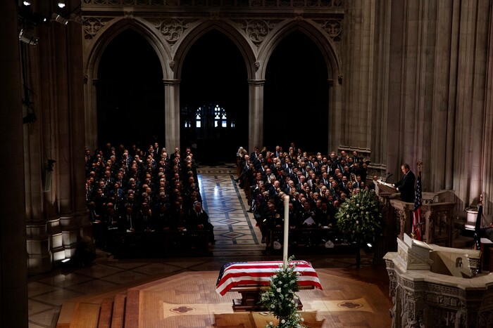 Former President George W. Bush speaks during the State Funeral for his father, former President George H.W. Bush, at the National Cathedral, Wednesday, Dec. 5, 2018, in Washington. (AP Photo/Evan Vucci)