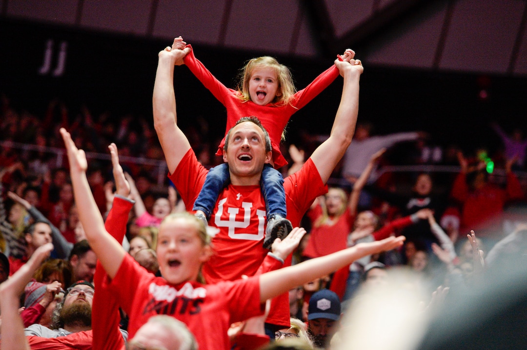 (Leah Hogsten  |  The Salt Lake Tribune) Fans celebrate with the Red Rocks as the University of Utah fifth-ranked gymnastics team hosts No. 12 University of Kentucky during its home opener, Jan. 3, 2020, at the Huntsman Center.
