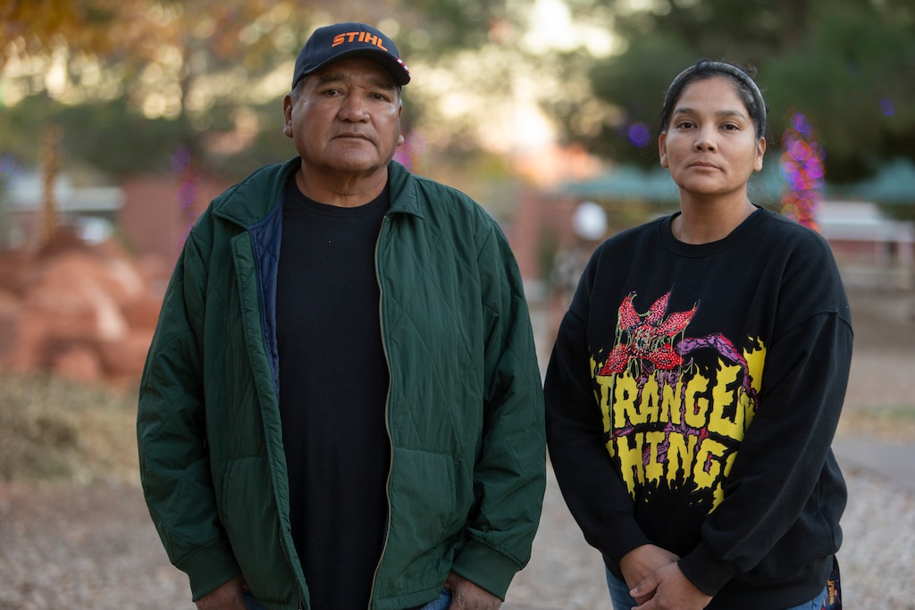 (Chris Caldwell | Special to The Tribune) Lawrence Snow, left, and his daughter Mary Snow post for a photograph in Santa Clara, Thursday, Dec. 11, 2025. Members of the Shivwits band of Paiutes near St. George discuss the impact proposed golf course developments would have on their tribal lands.