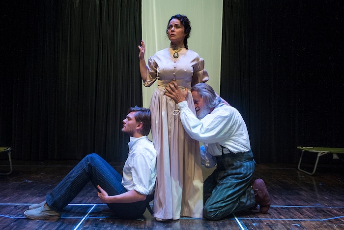 (Chris Detrick | The Salt Lake Tribune) Melanie Nelson 'Abbie Putnam,' Bob Nelson 'Ephraim Cabot' and Topher Rasmussen 'Eben Cabot,' act out a scene of "Desire Under the Elms" during a rehearsal at the The Waterford School Black Box on Tuesday, Aug. 22, 2017. The rare local production of “Desire,” by Tanner’s Sting & Honey Company, opens Sept. 1, the first theater performance at the new Regent Street Black Box at downtown’s Eccles Theater.