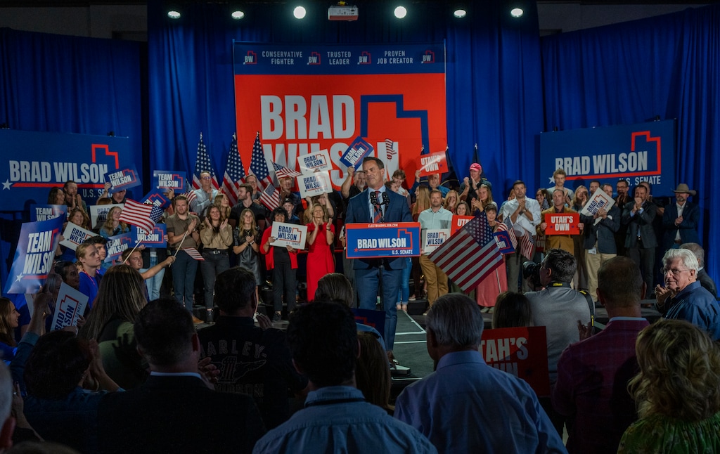 (Rick Egan | The Salt Lake Tribune) Brad Wilson launches his 2024 Senate campaign at The Studio in Draper, on Wednesday, Sept. 27, 2023.