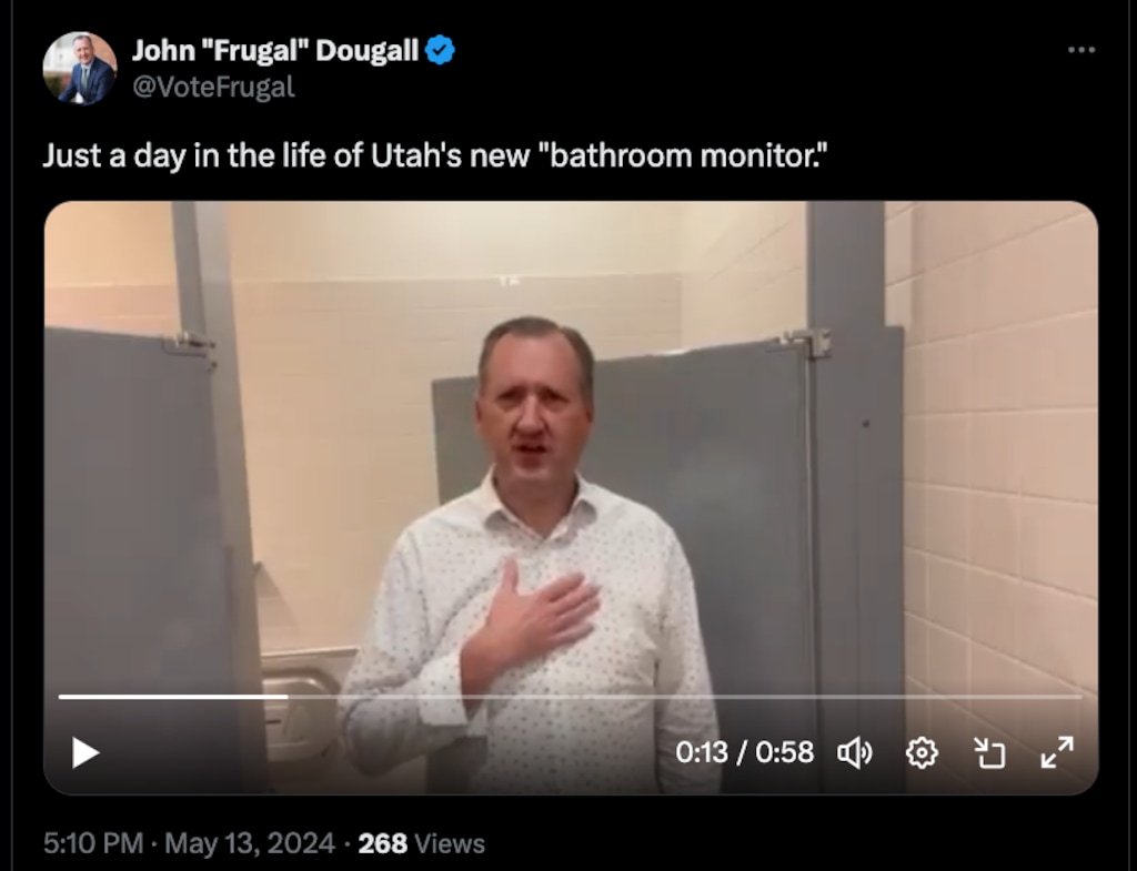 (Screenshot) John Dougall, Utah's state auditor and candidate for U.S. Congress, criticizes the Legislature for making him a "bathroom monitor" in video posted to X.