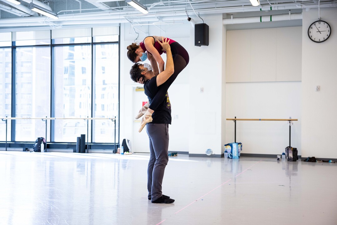 (Beau Pearson  |  courtesy of Ballet West) First soloist Allison DeBona and principal artist Rex Tilton rehearse, in socially distanced conditions, for Ballet West's season opener, "Nine Sinatra Stories." Because of COVID-19 restrictions, only married and cohabitating dancers are performing duets for this show.
