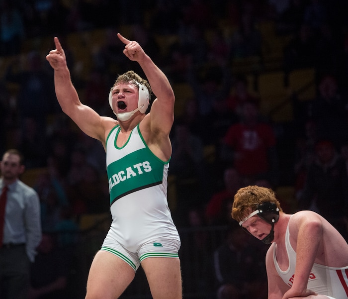 (Rick Egan  |  The Salt Lake Tribune)   Porter Fox (South Summit) celebrates his win over Bradden Davis (Delta) in the 285 weight class, (Dec 5-3) in 3A State Wrestling at UVU in Orem, Saturday, February 10, 2018.