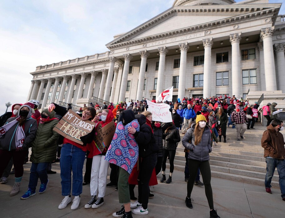 (Francisco Kjolseth | The Salt Lake Tribune) Several hundred educators, parents and other public school advocates rally on the steps of the Utah Capitol on Tuesday, Feb. 22, 2022. Advocates feel many anti-public school measures have been made by the Legislature this year.
