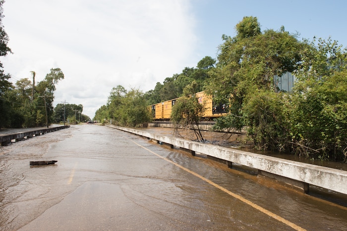 (Rachel Molenda  |  The Salt Lake Tribune) Flooding covers the road across Tiger Creek Bonner Slough in Rose City, Texas, on Tuesday, Sept. 5, 2017. Residents are unable to access their homes, many of which are still under several feet of water more than one week after Hurricane Harvey.