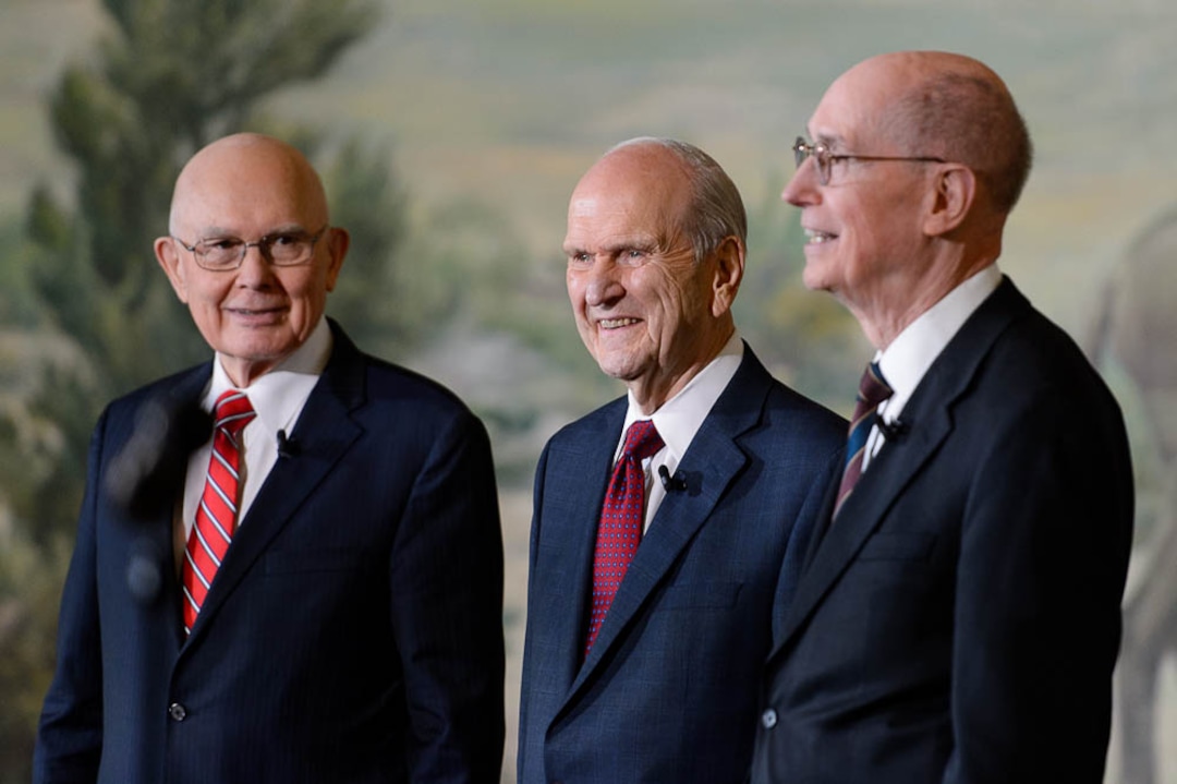 (Trent Nelson | The Salt Lake Tribune)  Dallin H. Oaks, Russell M. Nelson, and Henry B. Eyring at a news conference in the lobby of the Church Office Building in Salt Lake City, Tuesday January 16, 2018. Nelson was named the 17th president of the nearly 16 million-member Church of Jesus Christ of Latter-day Saints. Oaks was named First Counselor in the First Presidency and Eyring Second Counselor in the First Presidency.