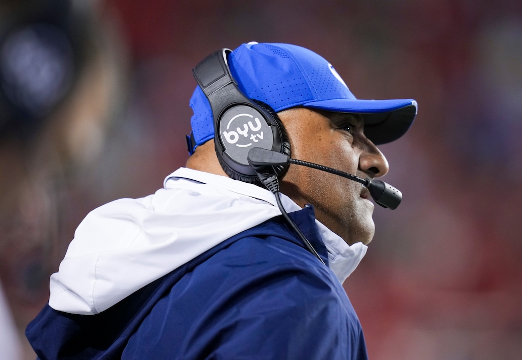 (Bethany Baker  |  The Salt Lake Tribune) Brigham Young Cougars head coach Kalani Sitake during the game between the Utah Utes and the Brigham Young Cougars at Rice-Eccles Stadium in Salt Lake City on Saturday, Nov. 9, 2024.