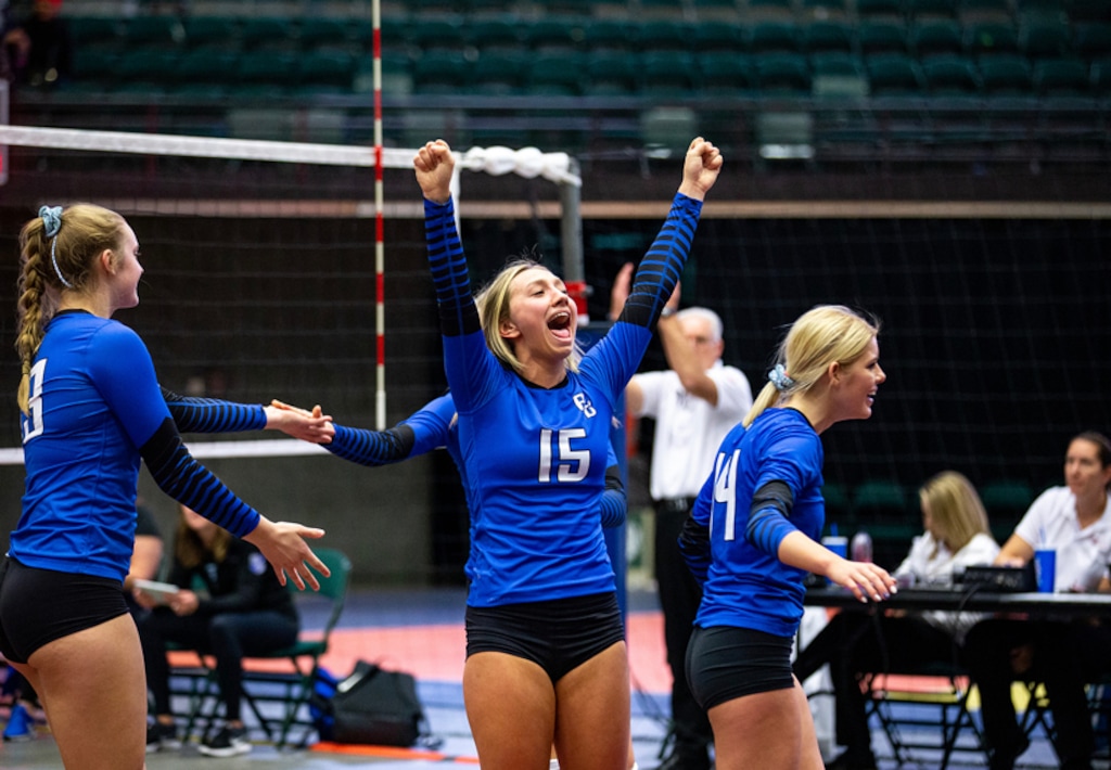 (Photo courtesy of Abbie Miller) Former Pleasant Grove High School volleyball player Abbie Miller celebrates during a game. The setter won the Gatorade Utah Volleyball Player of the Year award in January 2020.