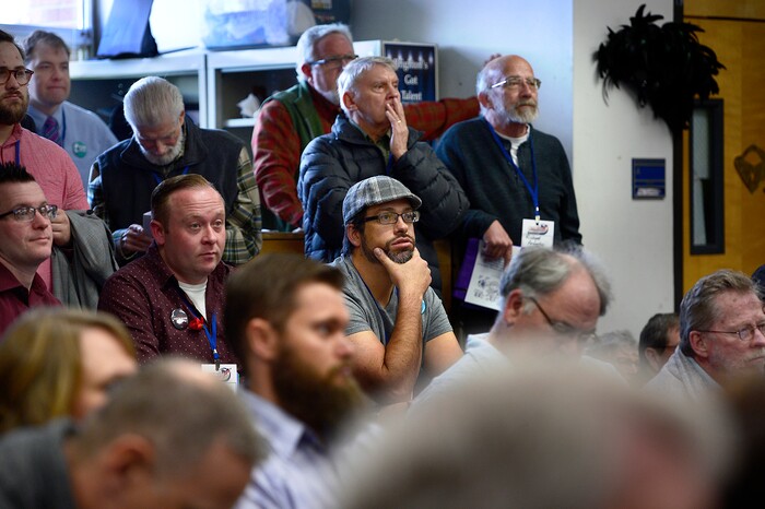 (Scott Sommerdorf | The Salt Lake Tribune)
Delegates listen closely in a packed schoolroom at Brighton High as the Environmental Caucus is underway at the Salt Lake County Democratic Convention where delegates pick their favorites for county/legislative races, Saturday, April 14, 2018.