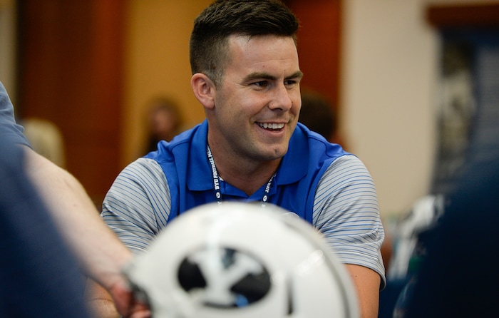 (Francisco Kjolseth  |  The Salt Lake Tribune)  Quarterback Tanner Mangum is interviewed by the media as BYU hosts their eighth-annual football media day at the BYU-Broadcasting Building on Friday, June 22, 2018.