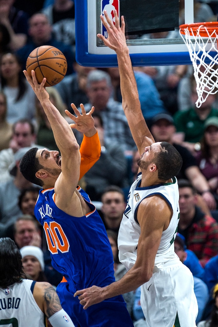 (Chris Detrick  |  The Salt Lake Tribune)  Utah Jazz center Rudy Gobert (27) blocks New York Knicks center Enes Kanter (00) during the game at Vivint Smart Home Arena Friday, January 19, 2018.  