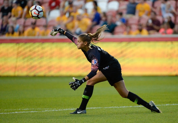 (Francisco Kjolseth  |  The Salt Lake Tribune)  Utah Royals FC hosts Washington Spirit, NWSL soccer at Rio Tinto Stadium in Sandy, Wed. Aug. 8, 2018. Washington Spirit goalkeeper Aubrey Bledsoe (1) finds an open teammate in the first half of the game. 