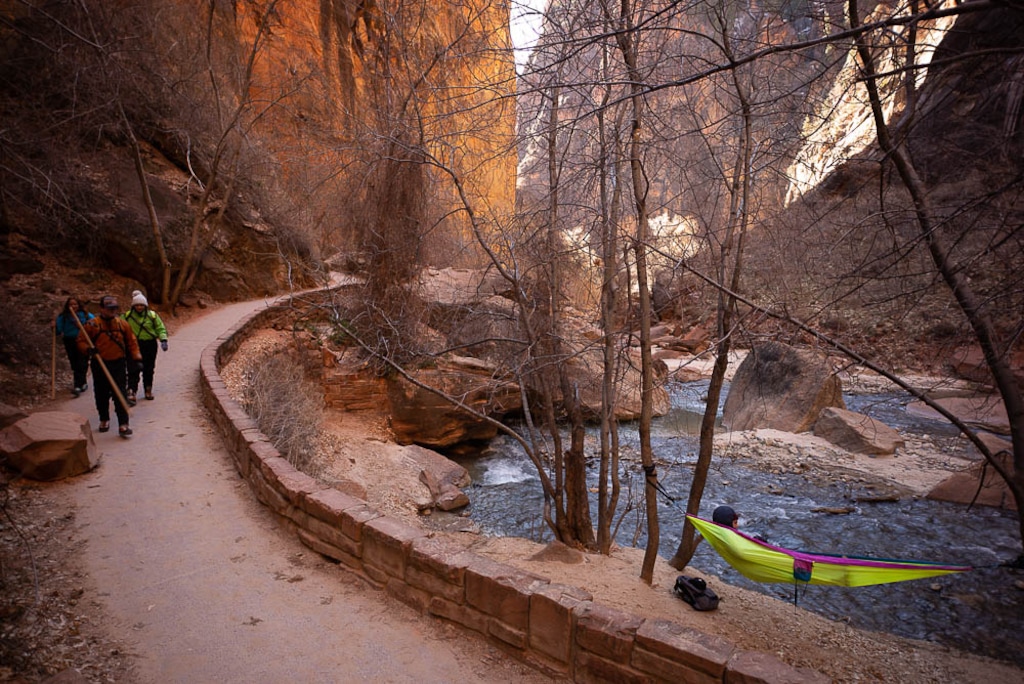 (Trent Nelson | The Salt Lake Tribune)  
A woman in a hammock at the end of the Riverside Walk in Zion National Park as the government shutdown continues on Saturday, Jan. 12, 2019.