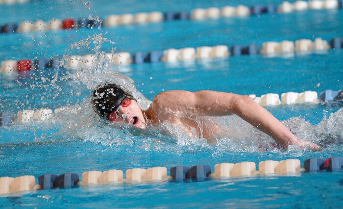 (Francisco Kjolseth  |  The Salt Lake Tribune)  Payton Plumb of Desert Hills puts in a first place effort for the Men 200 Yard IM at the high school swimming 4A State Championships in Bountiful, Friday February 9, 2018.