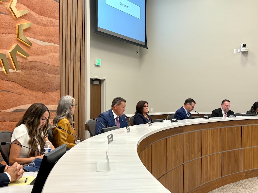 (Brooke Larsen | The Salt Lake Tribune) The St. George City Council and mayor discuss the emergency services sales tax at a city council meeting on Thursday, Oct. 1, 2026.