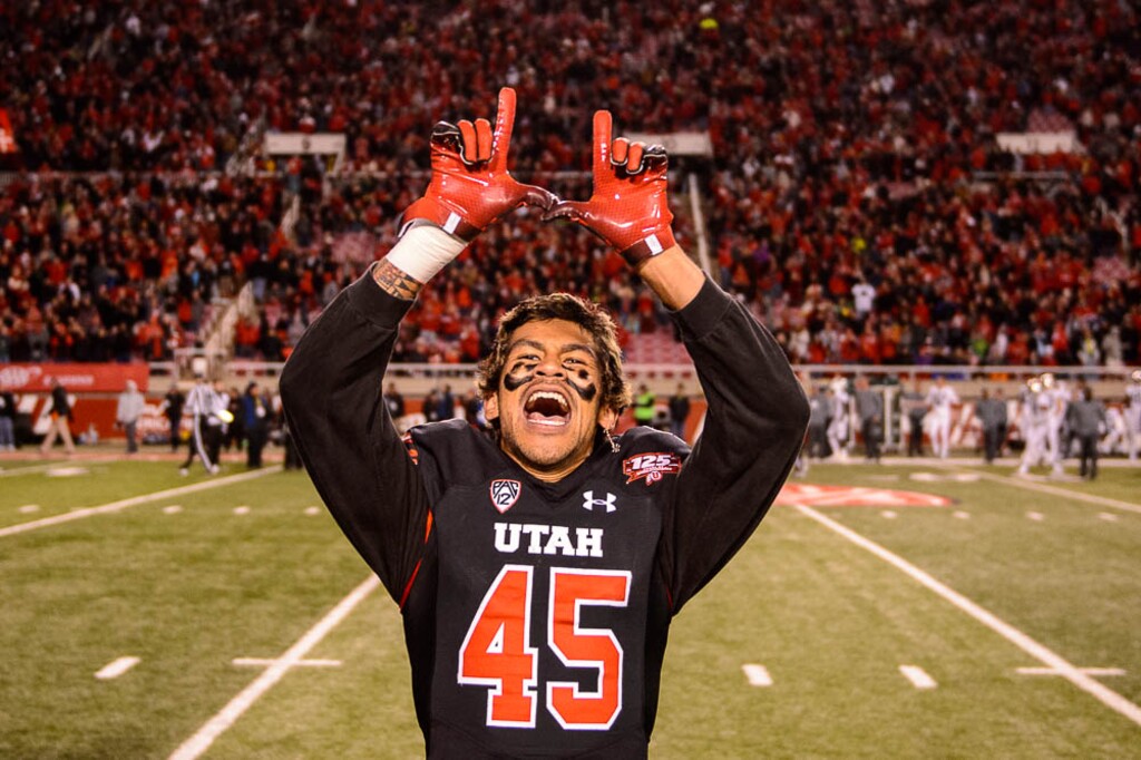 (Trent Nelson | The Salt Lake Tribune)  Utah Utes wide receiver Samson Nacua (45) celebrates the win. Utah Utes host the Oregon Ducks, NCAA football at Rice-Eccles Stadium in Salt Lake City on Saturday Nov. 10, 2018.