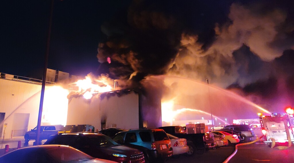 (Photo courtesy of the Garland Fire Department) Fire broke out at the West Liberty Foods meatpacking plant in Tremonton on Friday morning.