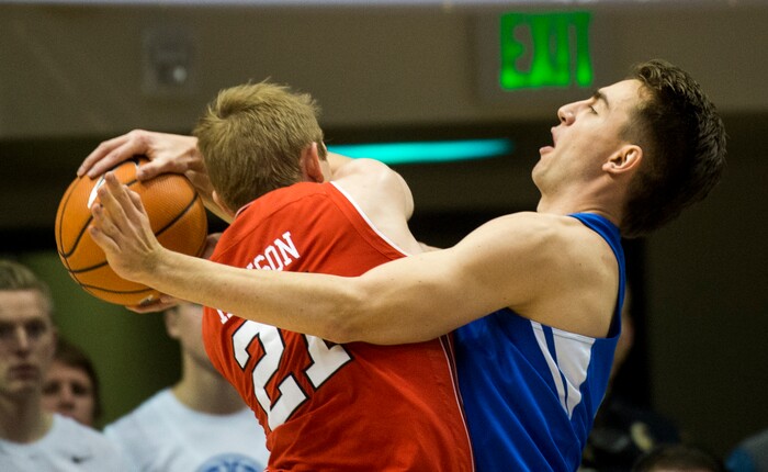 (Rick Egan  |  The Salt Lake Tribune) Brigham Young guard Zac Seljaas (2)  guards Utah Utes forward Tyler Rawson (21), in basketball action Utah Utes vs. Brigham Young Cougars at the Marriott Center in Provo, Saturday, December 15, 2017.


