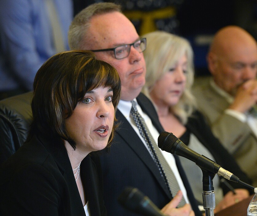 (Al Hartmann | The Salt Lake Tribune) Anne Hazlett, Assistant to the Secretary for Rural Development for the U.S. Department of Agriculture, left, and Jim Carroll, Acting Director of Office of National Drug Control speak to a panel of rural Utah county and state leaders on opioid use in Utah’s rural areas, during a roundtable at the Utah Capitol on Wednesday April 11, 2018.