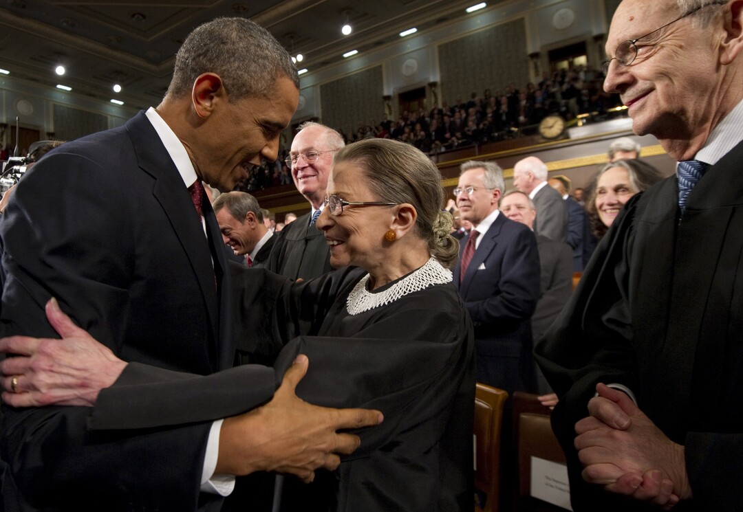 President Barack Obama greets Supreme Court Justice Ruth Bader Ginsburg prior to his State of the Union address in front of a joint session of Congress on Tuesday, Jan. 24, 2012, at the Capitol in Washington. (AP Photo/Saul Loeb, Pool)