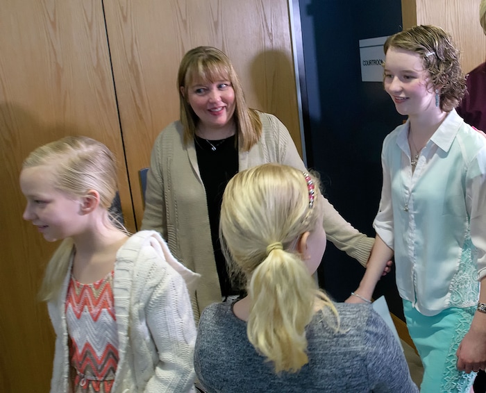 (Eli Lucero  |  Pool Photo)  Deserae Turner leaves the courtroom with her family following Jayzon Decker's sentencing hearing for attempted aggravated murder and obstructing justice, Wednesday, Feb. 7, 2018, in Logan, Utah. Decker received a sentence of 15 years to life for planning and being present at the shooting of Deserae Turner in February 2017, and leaving her for dead in a dry irrigation canal in Smithfield, Utah.