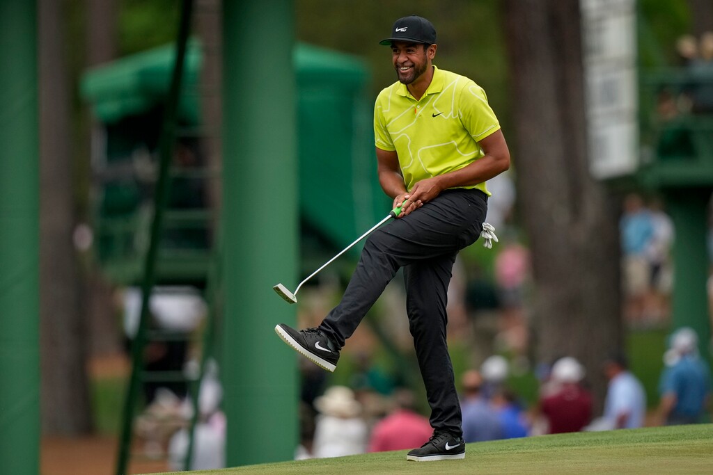 (David J. Phillip | AP) Tony Finau reacts after missing an eagle putt on the 15th hole during the second round of the Masters golf tournament on Friday, April 9, 2021, in Augusta, Ga.