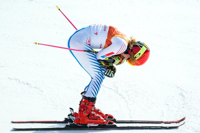 (Chris Detrick  |  The Salt Lake Tribune)  USA's Mikaela Shiffrin reacts after competing in the Ladies' Giant Slalom at Yongpyong Alpine Centre during the Pyeongchang 2018 Winter Olympics Thursday, Feb. 15, 2018.  Shiffrin won the event with a time of 2:20.02.