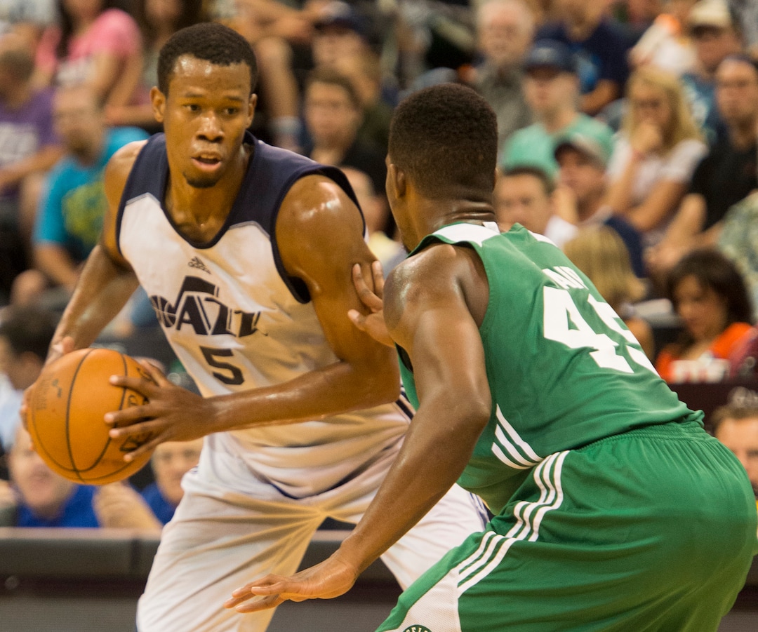 Rick Egan  |  The Salt Lake TribuneUtah Jazz guard Rodney Hood (5) goes one-on-one with Boston Celtics guard C.J. Fair (49), in Utah Jazz Summer League action, Utah Jazz vs. The Boston Celtics, at EnergySolutions Arena, Monday, July 6, 2015. Hood led the scoring for the Jazz with 23 points.