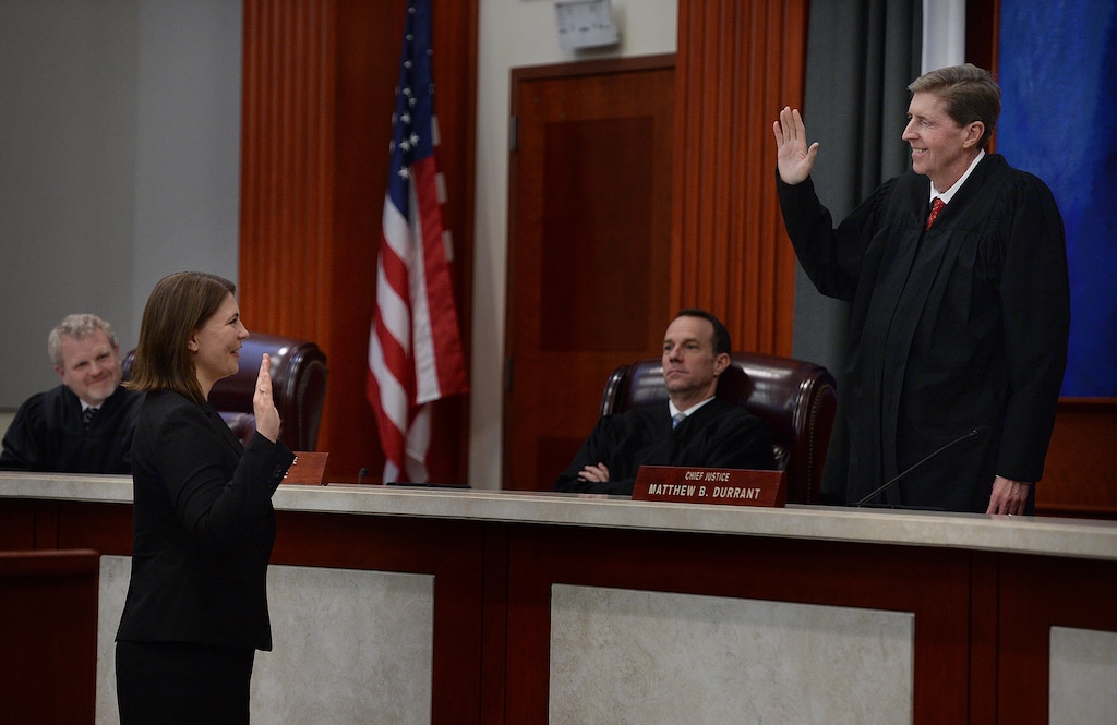 (Scott Sommerdorf   |  The Salt Lake Tribune)  Paige Petersen is sworn in as the new Utah Supreme Court justice, Friday, Jan. 19, 2018.