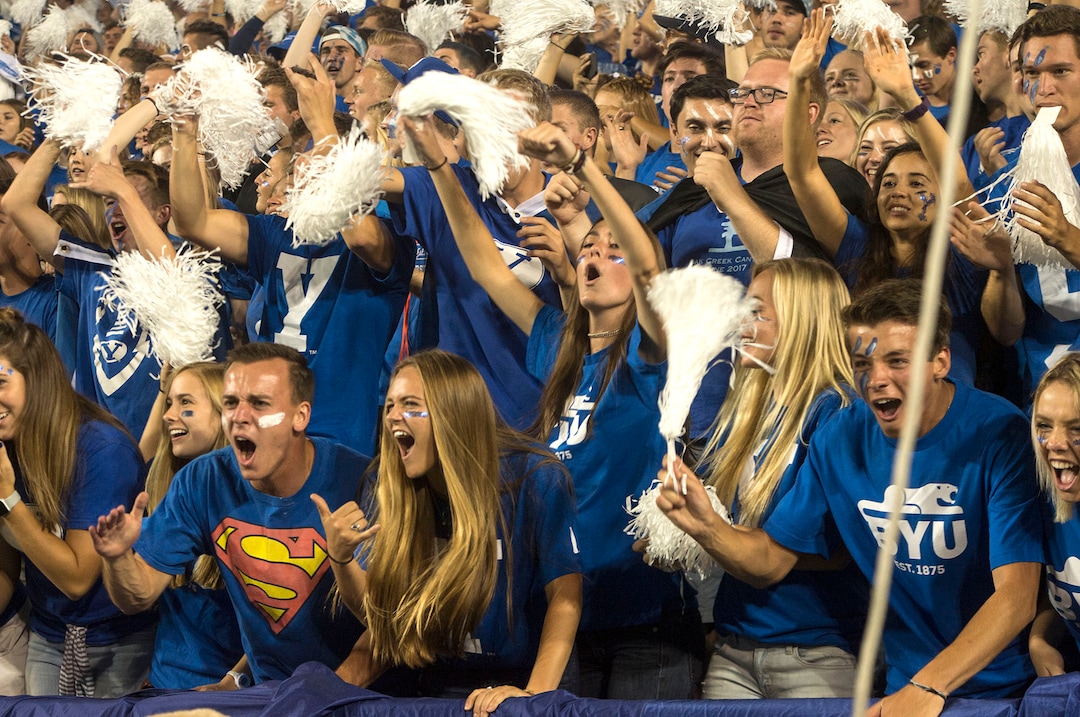 (Rick Egan  |  The Salt Lake Tribune)   Brigham Young Cougar fans cheer on their team, during football action BYU vs Utah, at Lavell Edwards Stadium in Provo, Saturday, September 9, 2017.
