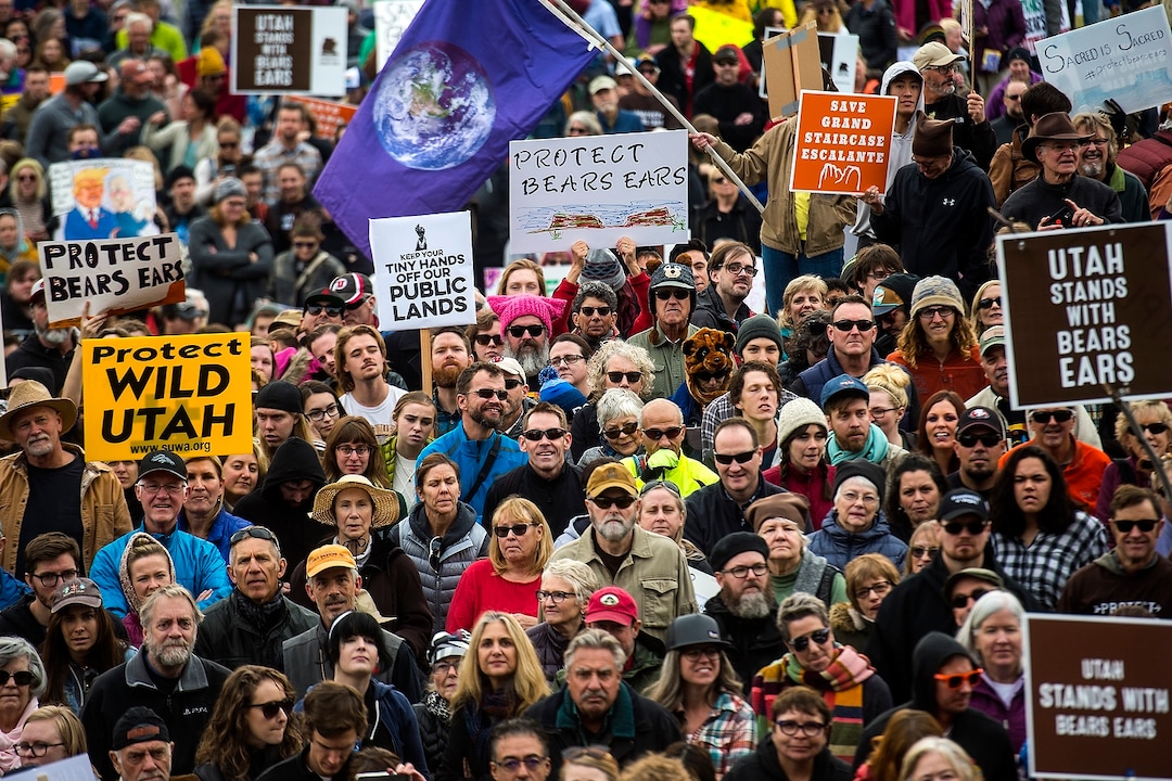 (Chris Detrick  |  The Salt Lake Tribune) Supporters of the Bears Ears and Grand Staircase-Escalante National Monuments rally at the Utah State Capitol Saturday, December 2, 2017.  Utah Highway Patrol estimated 5,000 people attended the rally. 